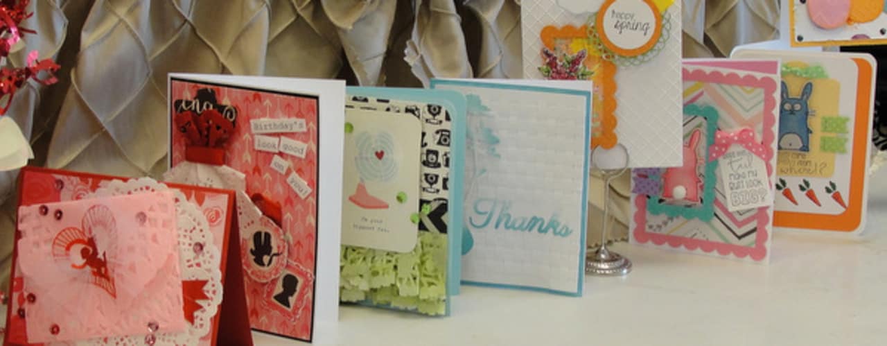 I've got a lovely bunch of greeting cards, here they are a standing in a row